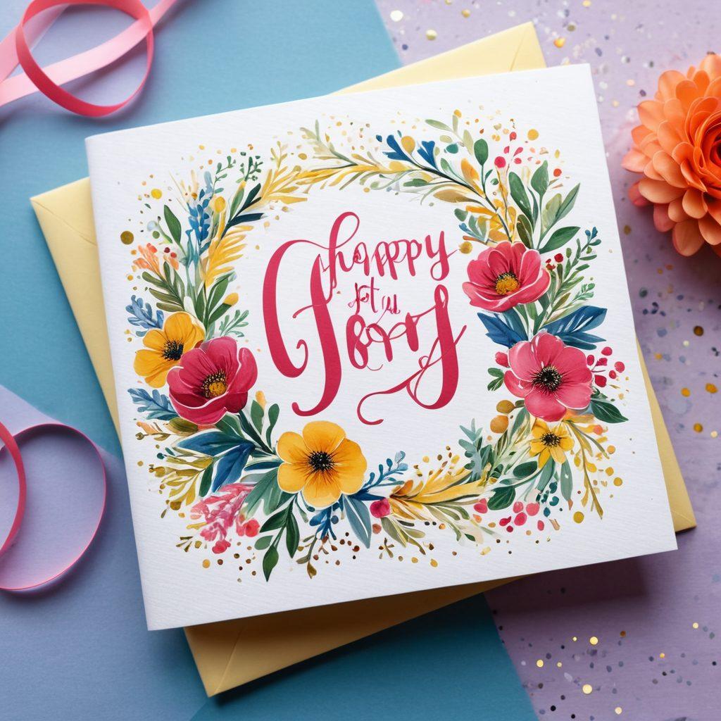 A vibrant collection of beautifully designed greeting cards showcasing joyful themes like birthdays, weddings, and anniversaries. Each card features playful illustrations, heartfelt messages, and festive colors, arranged in a cheerful layout. Use sparkling confetti and decorative ribbons as a background to enhance the celebratory feel. The scene evokes warmth and happiness, inviting viewers to express joy through thoughtful card designs. vibrant colors. super-realistic. festive background.