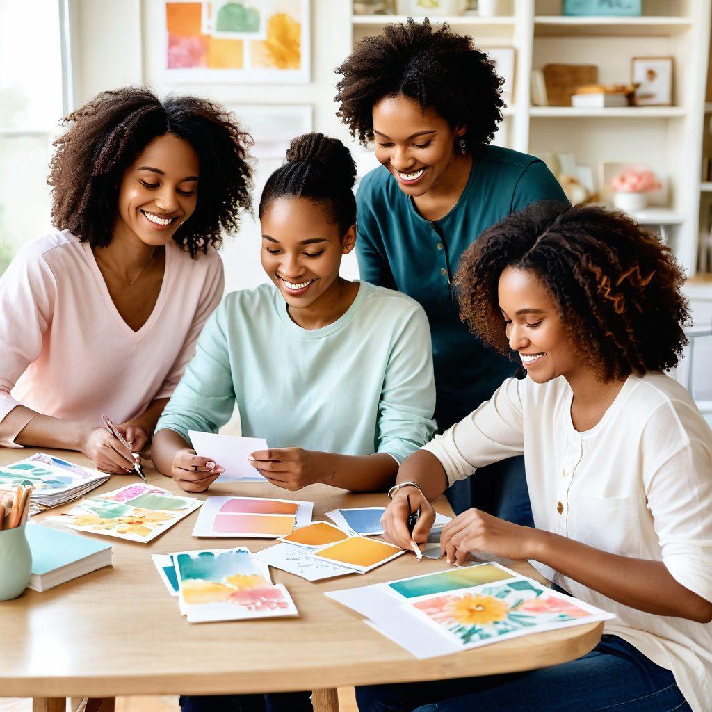 A beautifully arranged scene featuring diverse hand-crafted personalized greeting cards showcasing vibrant and heartfelt messages. Include joyful people engaged in writing, exchanging, and displaying the cards in a warm and inviting setting, highlighting emotions of happiness and connection. Soft natural lighting to create an intimate atmosphere. watercolor style. pastel colors. white background.