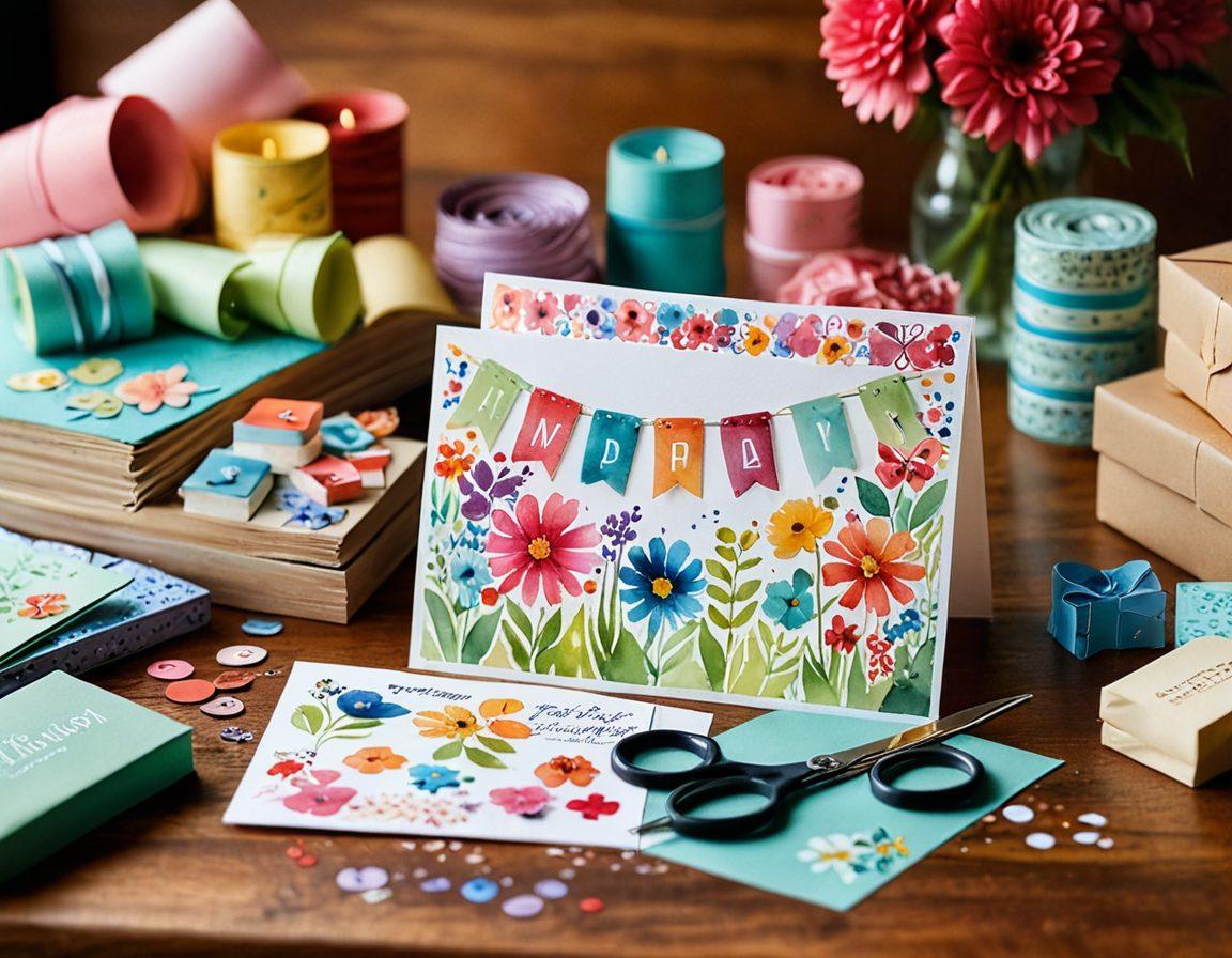 A cozy, brightly lit crafting table filled with various colored papers, scissors, and stamps, showcasing beautifully personalized cards for different celebrations like birthdays and anniversaries. Include vibrant embellishments like ribbons and stickers, while capturing the joy and creativity of card-making. The background should be soft and inviting, evoking warmth and happiness. watercolors. vibrant colors. soft focus.